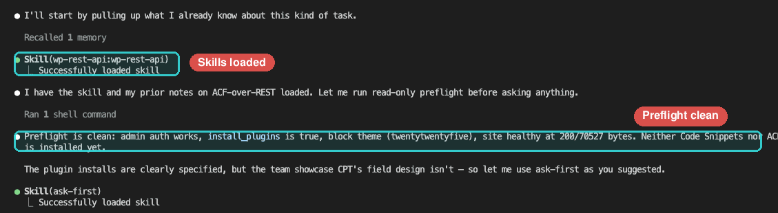 Claude Code loading the wp-rest-api and ask-first skills, running preflight checks, and preparing to gather requirements — with "Skills loaded" and "Preflight clean" callout labels