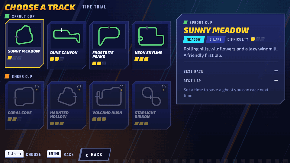 Track selection screen showing eight tracks across the Sprout Cup and Ember Cup — Sunny Meadow, Dune Canyon, Frostbite Peaks, Neon Skyline, Coral Cove, Haunted Hollow, Volcano Rush, and Starlight Ribbon — with Sunny Meadow selected and its description visible