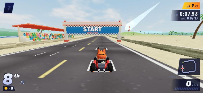 Low-poly kart on the starting grid approaching the Start banner, with the lap counter at 1 of 3, speedometer at 0 km/h, and a minimap in the corner