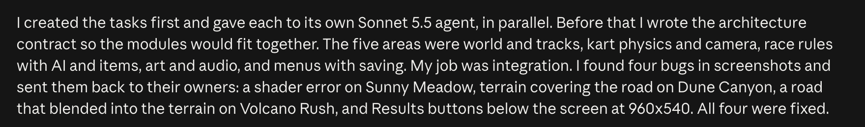 Sonnet 5.5's report describing how it created tasks, wrote the architecture contract, found four bugs in its own screenshots, and sent each back to the owning agent — ending with "All four were fixed."