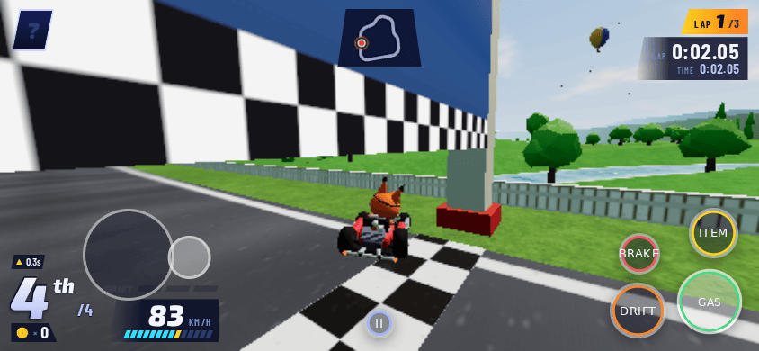 Mobile view mid-race with touch controls — virtual joystick on the left, Brake, Drift, Gas, and Item buttons on the right, kart at 83 km/h on lap 1 of 3
