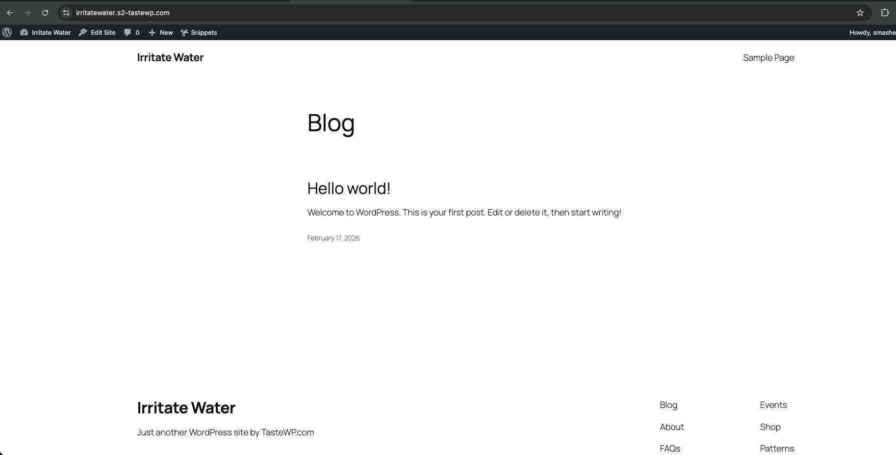 A default WordPress install showing the "Hello world!" blog page with the stock Twenty Twenty-Five theme