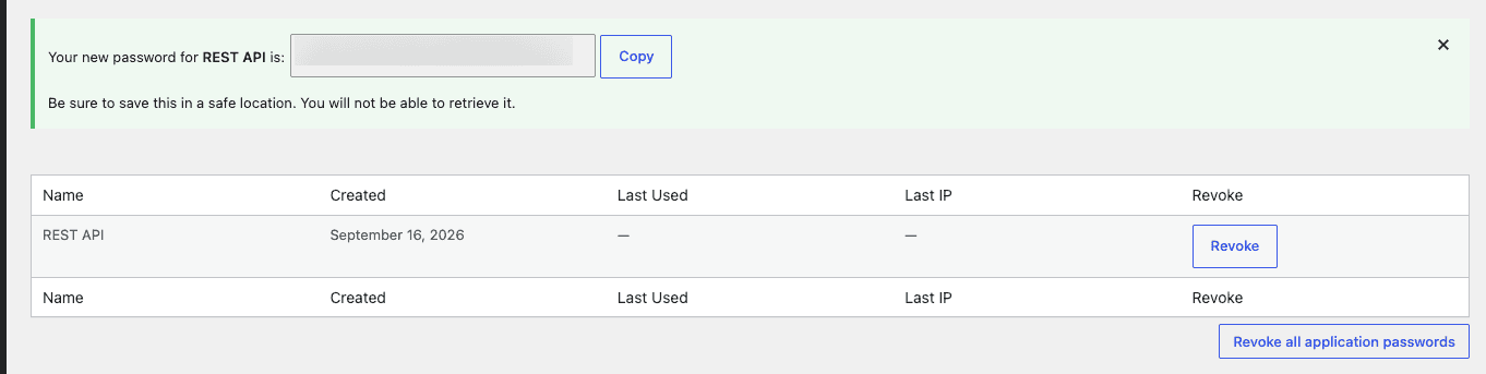 WordPress admin showing the Application Passwords section with a newly created password