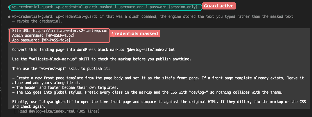 The full prompt in Claude Code — site URL, masked credentials, HTML file path, and three bullet points describing what to publish