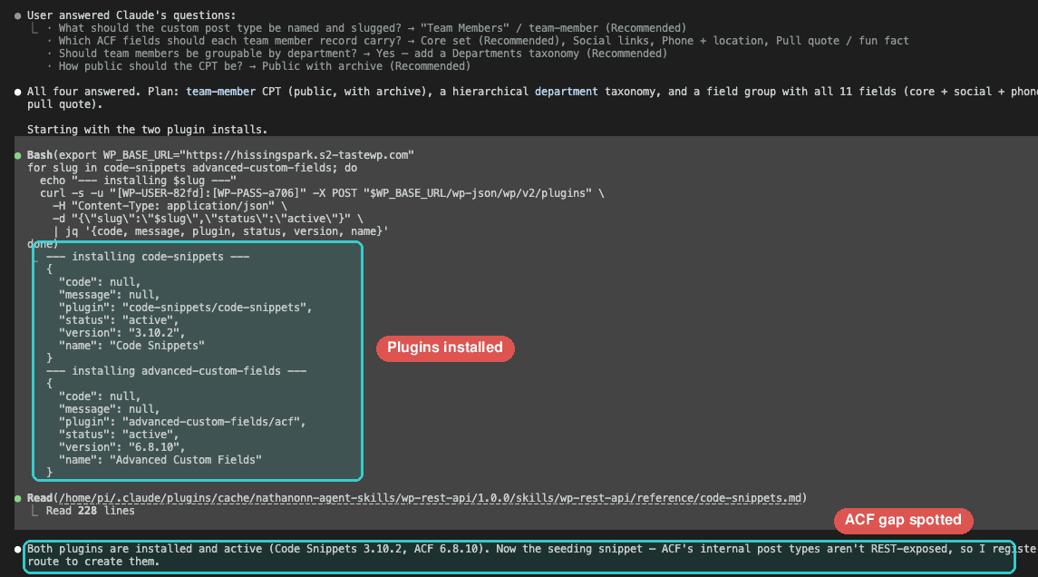 Claude Code installing both plugins via the WordPress REST API, then reading the Code Snippets reference and spotting the ACF gap — with "Plugins installed" and "ACF gap spotted" callout labels