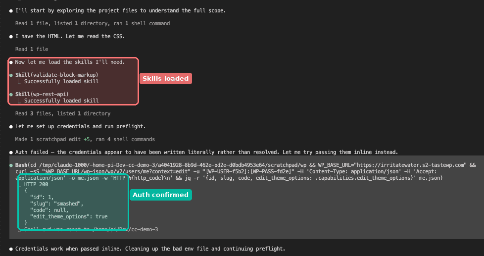 Claude loading the skills, running a preflight auth check, and confirming credentials work against the WordPress site