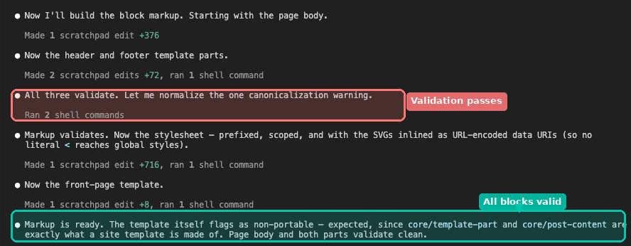 Claude building block markup, validating all three parts, and creating the scoped stylesheet and front-page template