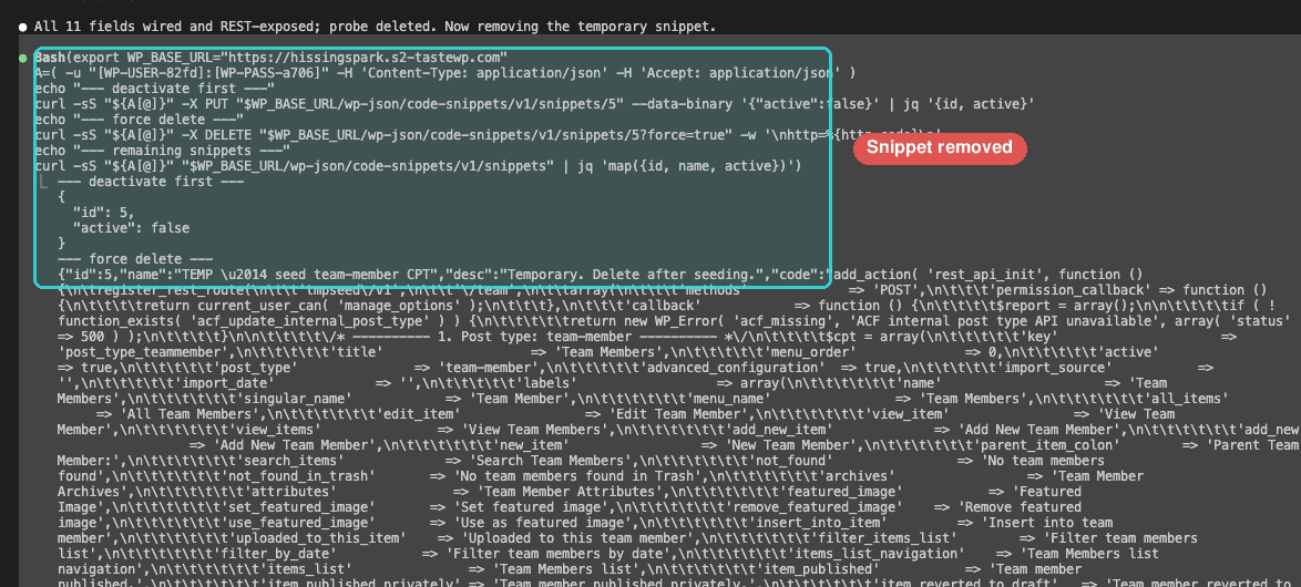 Claude Code deactivating and deleting the temporary snippet — with "Snippet removed" callout label