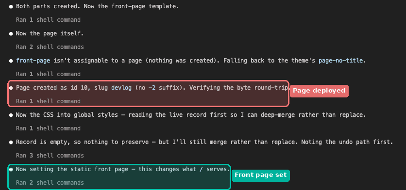 Claude creating the page, pushing CSS into global styles, and setting the static front page