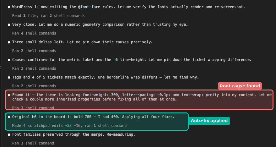 Claude finding CSS differences from theme inheritance and fixing font-weight, letter-spacing, and text-wrap values