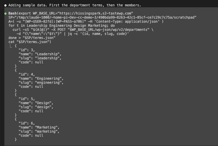 Claude Code creating department terms via REST API — Leadership, Engineering, Design, and Marketing