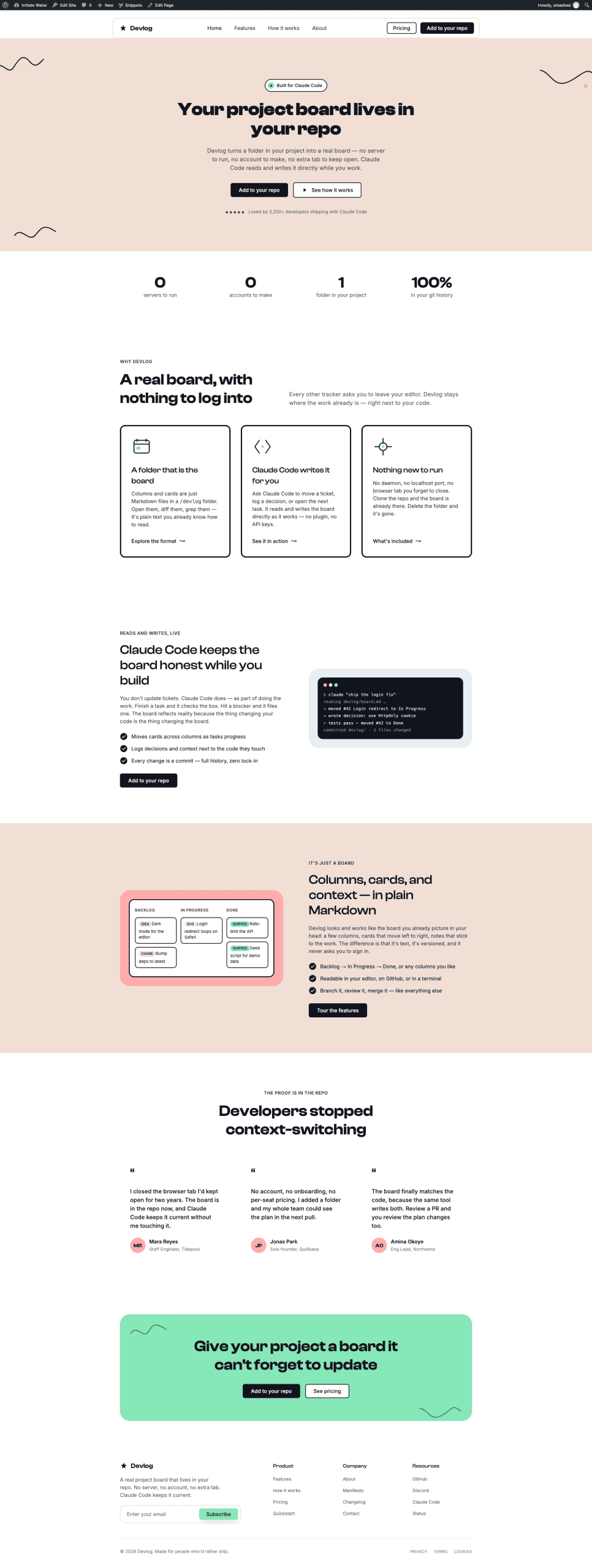 The full Devlog landing page deployed to the same WordPress site — hero section, feature grid, testimonials, pricing, and a multi-column footer