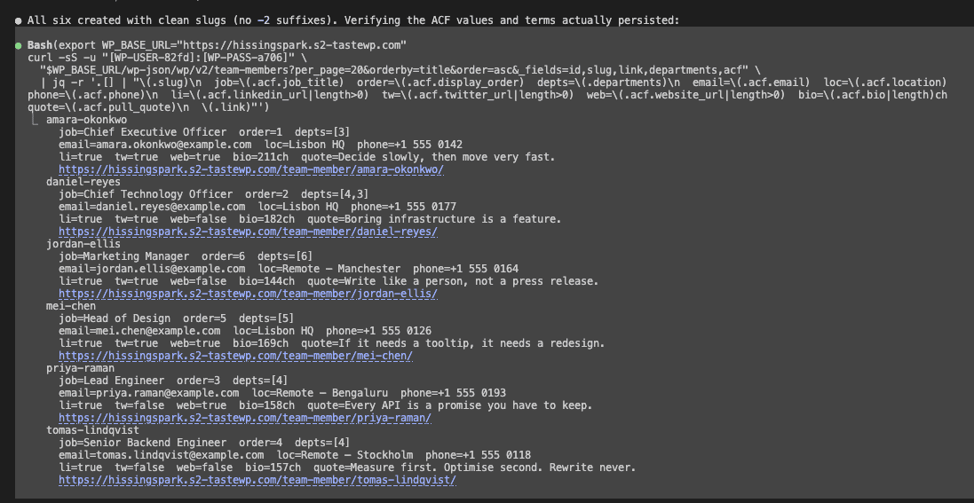 Claude Code verifying all six team members with their ACF fields — job titles, departments, social links, bios, and live permalinks confirmed