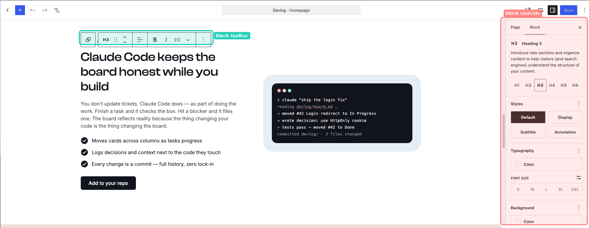 The Devlog homepage in the WordPress block editor with a heading selected and the Block sidebar showing typography and style controls