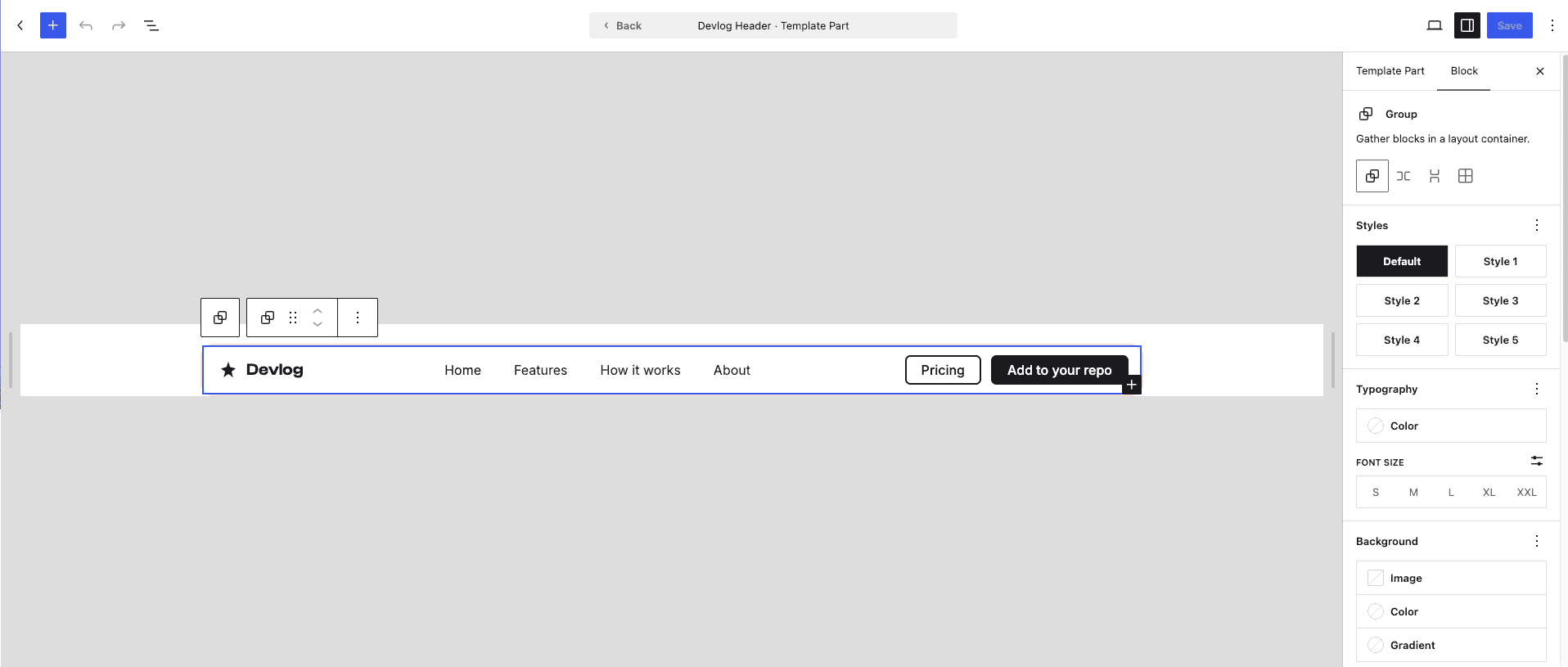 The Devlog header template part open in the editor, showing the navigation bar as editable blocks with "Pricing" and "Add to your repo" buttons
