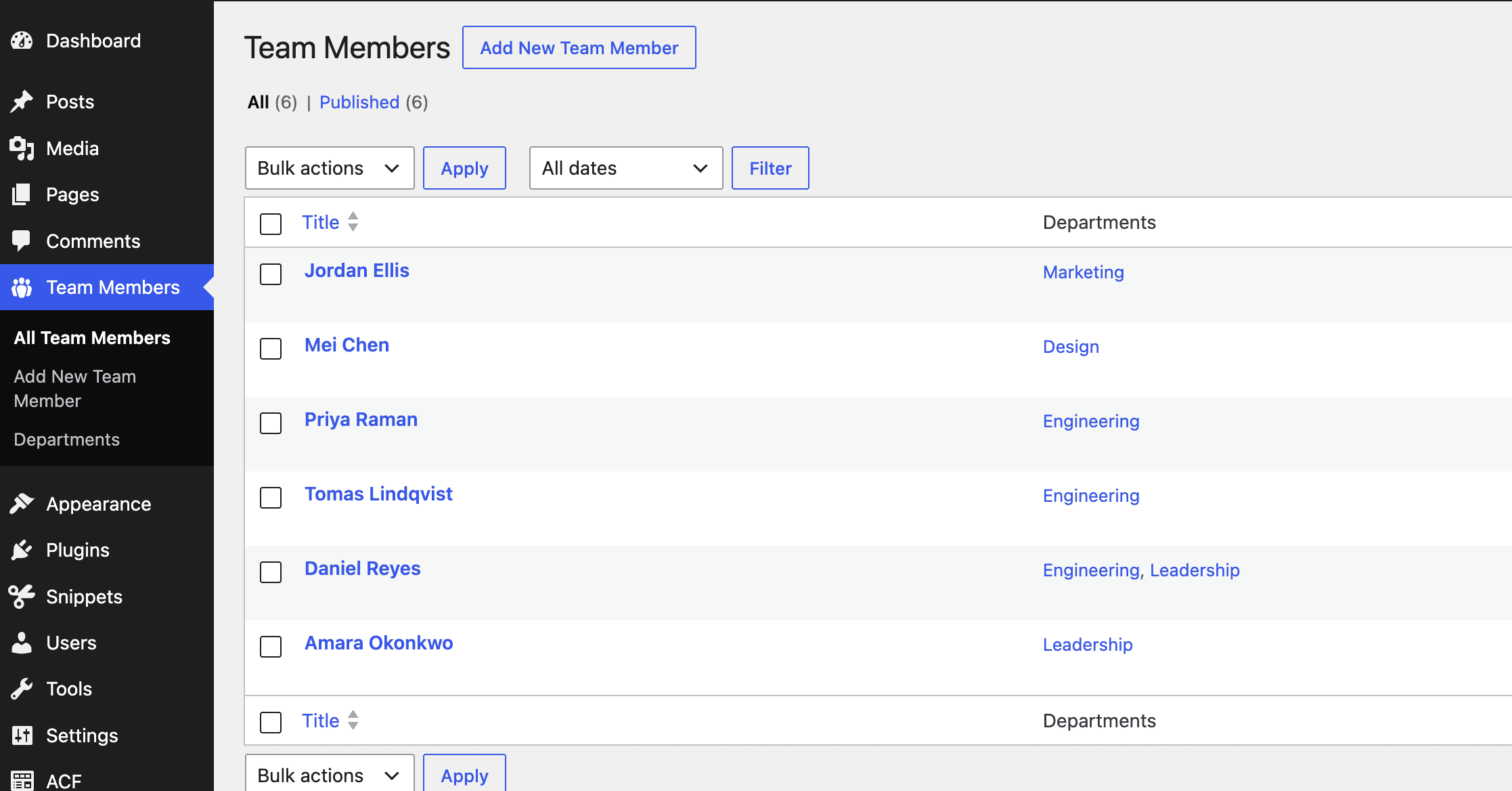 WordPress admin Team Members list showing all six published entries with Departments column visible
