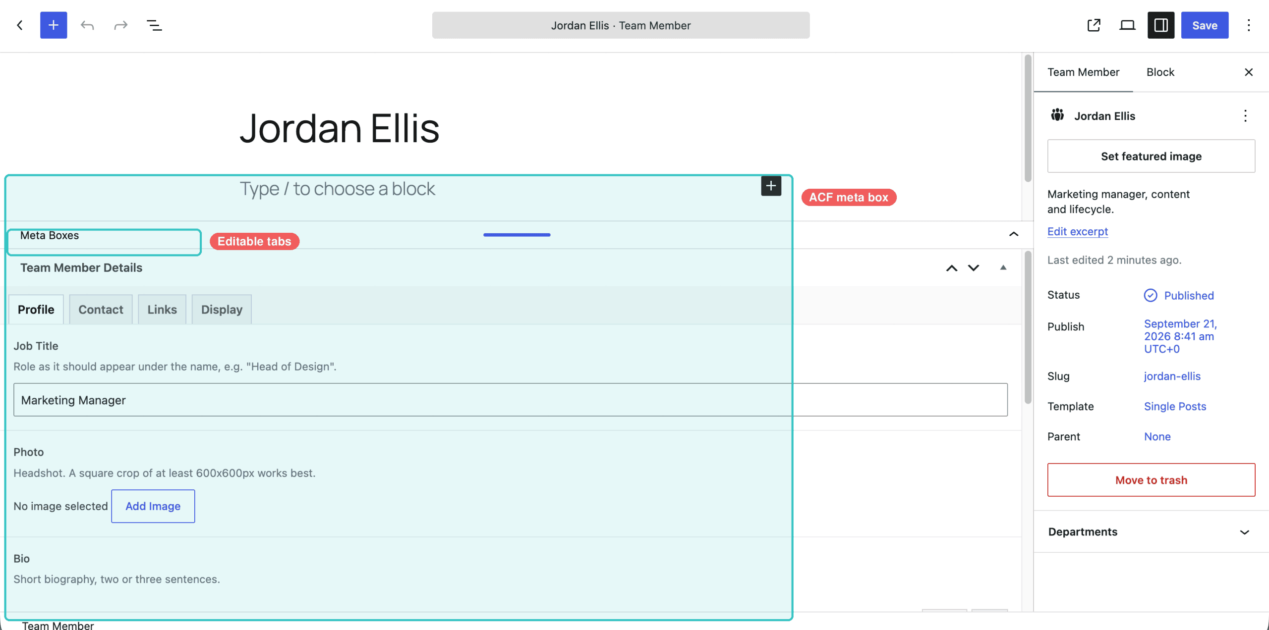 WordPress editor showing Jordan Ellis as a Team Member post type — with "ACF meta box" and "Editable tabs" callout labels