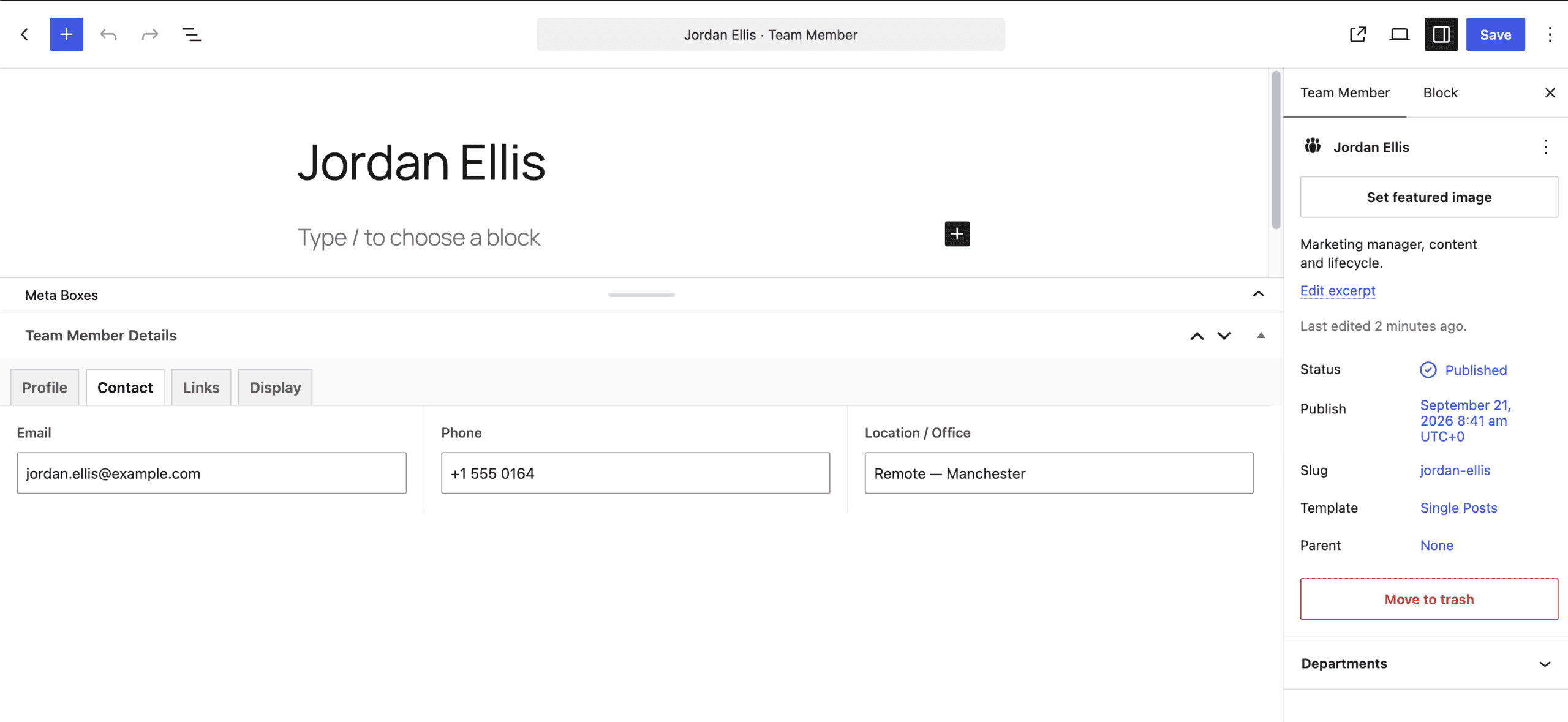 WordPress editor showing the Contact tab with Email, Phone, and Location fields populated