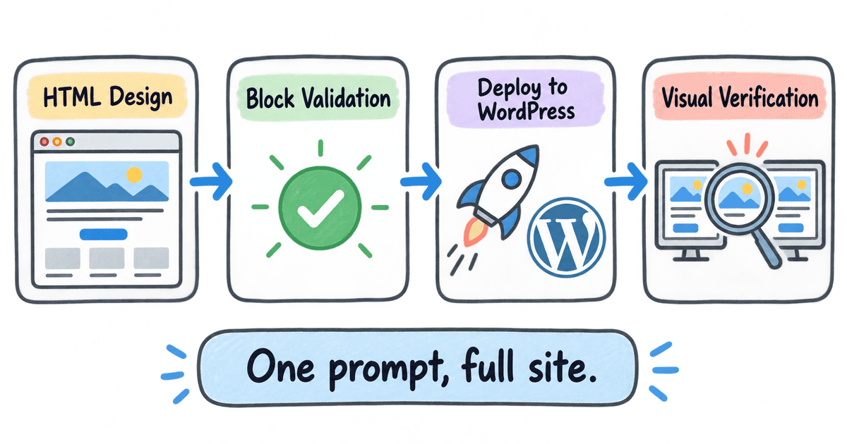 Whiteboard workflow diagram showing four stages — HTML Design, Block Validation, Deploy to WordPress, Visual Verification — with the tagline "One prompt, full site"