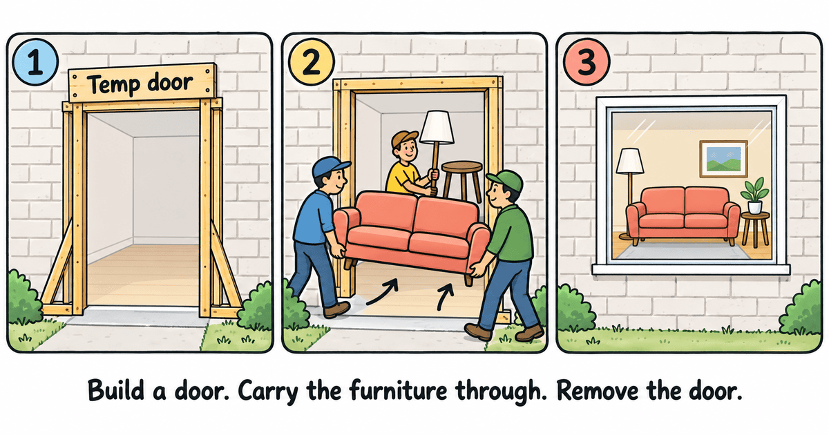 Three-panel cartoon showing the door analogy — panel 1: install a temporary door in a wall, panel 2: carry furniture through, panel 3: remove the door and the room is furnished