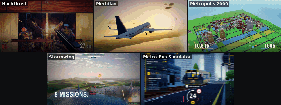 Looping gameplay collage of five games built by Sonnet 5.5 in a 3-plus-2 grid: Nachtfrost, a zombie first-person shooter seen down the barrel of a gun; Meridian, an airliner flying into a golden sunset; Metropolis 2000, a blocky city builder with a population counter; Stormwing, a jet fighter dogfight over a coastline; and Metro Bus Simulator, a city bus pulling into a stop with a speedometer and route list on screen