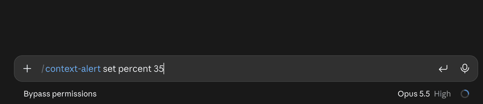 Claude Code input box with the command /context-alert set percent 35 typed in, and Opus 5.5 High shown below it