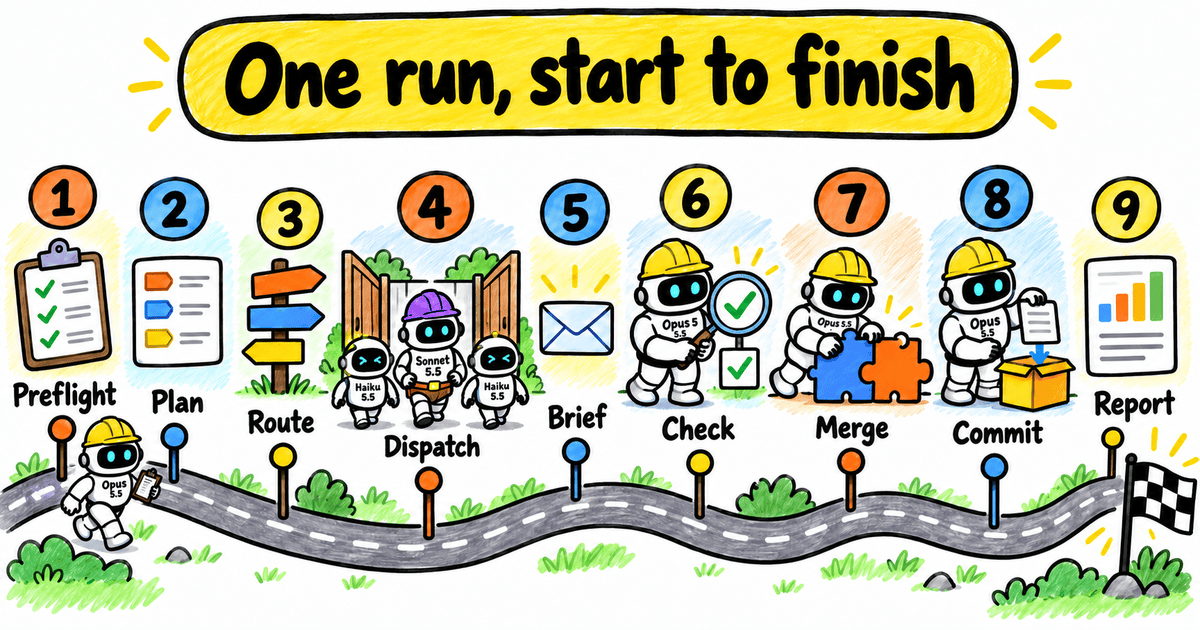 Whiteboard-style road map titled One run, start to finish, in a yellow banner. A winding grey road runs left to right past nine numbered pins, and an Opus 5.5 robot in a yellow hard hat walks along it at the start carrying a clipboard, toward a chequered finish flag at the far right. Above the pins sit nine stops, each with a numbered circle, an icon and a name: 1, a clipboard with three green ticks, Preflight; 2, a list with orange, blue and yellow tags, Plan; 3, a signpost with three coloured arrows, Route; 4, an open wooden gate with two hatless Haiku 5.5 robots and a Sonnet 5.5 robot in a purple hard hat and tool belt walking out, Dispatch; 5, an envelope, Brief; 6, the Opus 5.5 robot holding a magnifying glass over a ticked box, Check; 7, the Opus 5.5 robot pushing a blue and an orange puzzle piece together, Merge; 8, the Opus 5.5 robot dropping a sheet of paper into a cardboard box, Commit; and 9, a report sheet with a bar chart, Report.