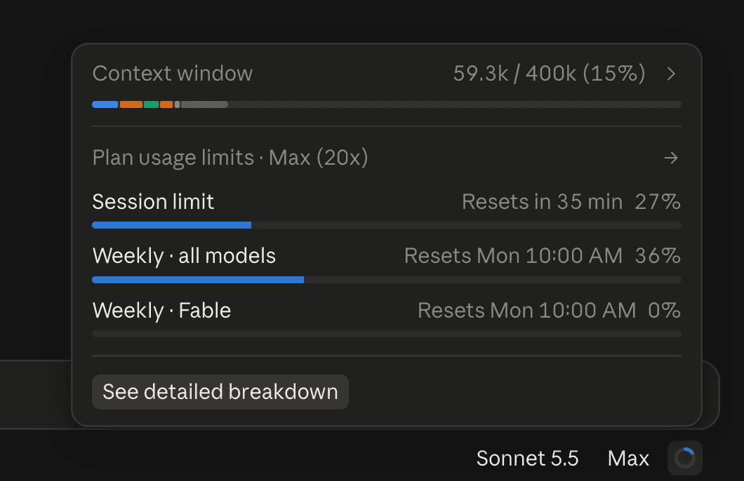 Context window popover showing 59.3k / 400k (15%) with a colored progress bar, Plan usage limits Max (20x) below it, Session limit at 27%, Weekly all models at 36%, Weekly Fable at 0%, and a See detailed breakdown link at the bottom