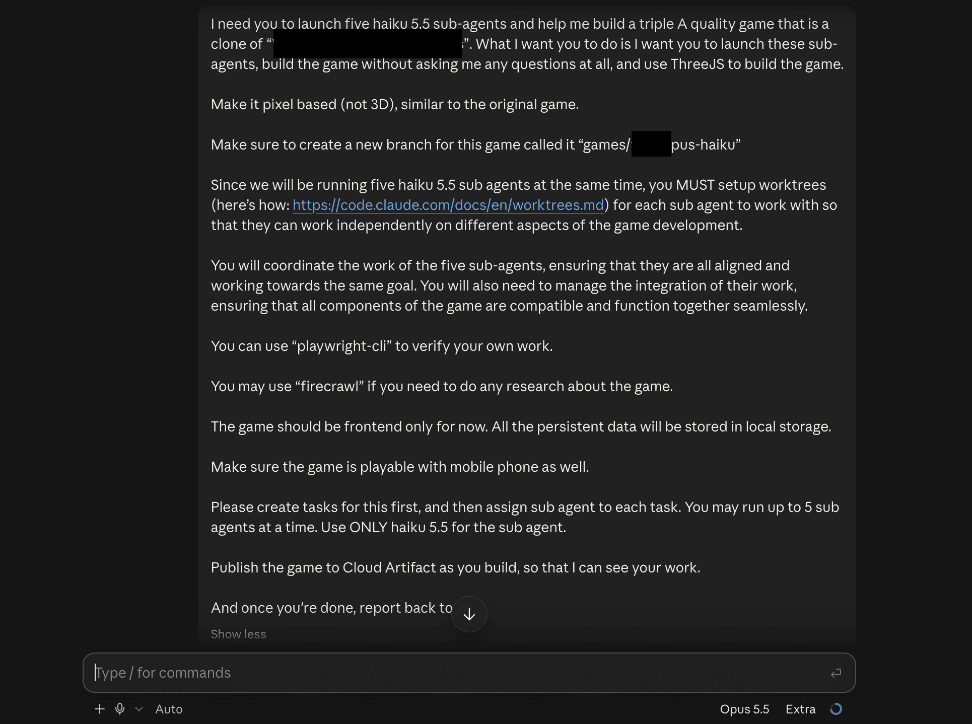 Claude Code on the web showing the Opus-led prompt, including the lines Make it pixel based (not 3D), similar to the original game and Use ONLY haiku 5.5 for the sub agent, with the game's name and part of the branch name blacked out, and Opus 5.5 at Extra effort selected in the model picker