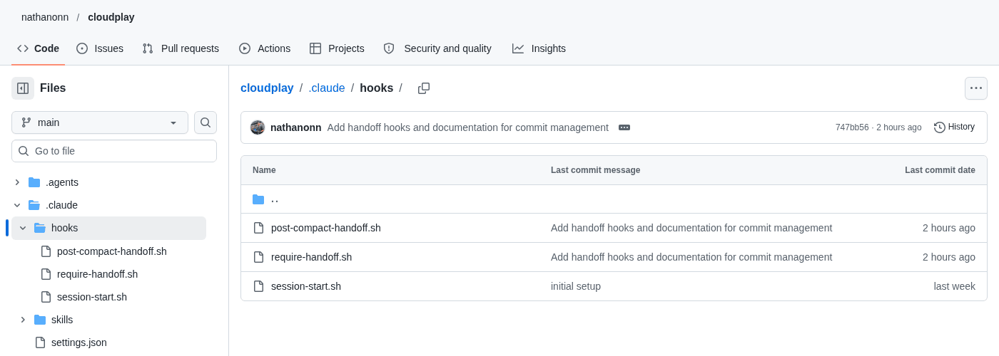 The cloudplay repository on GitHub open to the .claude/hooks folder, showing three hook files — post-compact-handoff.sh, require-handoff.sh, and session-start.sh — committed by nathanonn with the message Add handoff hooks and documentation for commit management