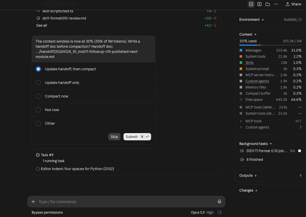 Context Alert dialog at 35% (351k of 1M tokens) asking whether to write a handoff doc, naming the existing handoff file, with Update handoff, then compact selected, and the side panel showing 35% used and one background task running for 5 minutes