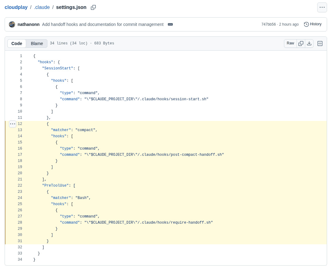 The cloudplay settings.json file on GitHub showing 34 lines with the SessionStart and PreToolUse hook entries, lines 12 through 31 highlighted in yellow covering the compact matcher entry for the bookmark hook and the Bash matcher entry for the gate hook