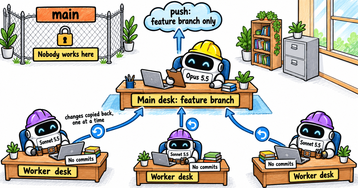 Whiteboard-style office scene. In the centre, an Opus 5.5 robot in a yellow hard hat sits at a big desk with a laptop and a clipboard; the desk's sign reads Main desk: feature branch. A blue arrow rises from it to a cloud reading push: feature branch only. In the top-left corner, a chain-link fence with a padlock surrounds an empty space under an orange sign reading main, with a yellow sign below reading Nobody works here. Along the bottom sit three smaller desks, each labelled Worker desk, each with a Sonnet 5.5 robot in a purple hard hat and a tool belt working at a laptop beside a sign reading No commits. A blue arrow runs from each worker desk back up to the main desk, each with a small circular undo icon, and the left arrow is labelled changes copied back, one at a time. A bookshelf, a filing cabinet and a window fill the top right.