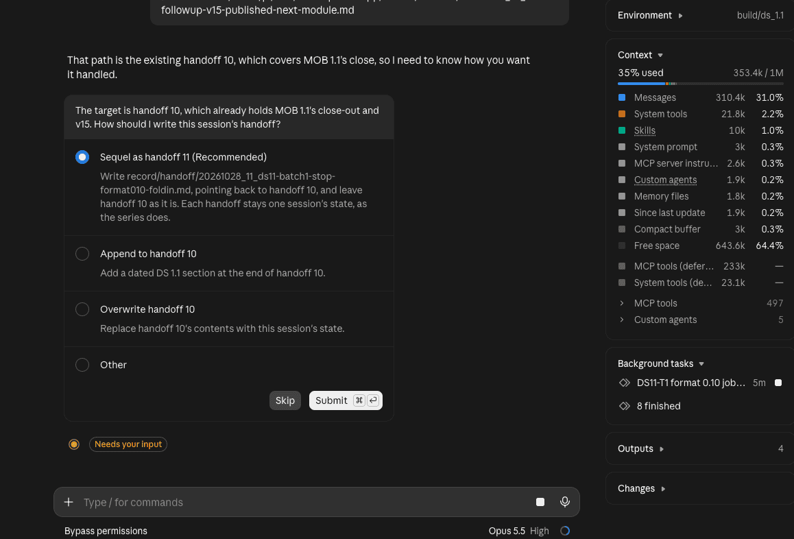 The handoff-doc skill asking how to write this session's handoff, with Sequel as handoff 11 (Recommended) selected above Append to handoff 10 and Overwrite handoff 10, and the context panel at 35% used