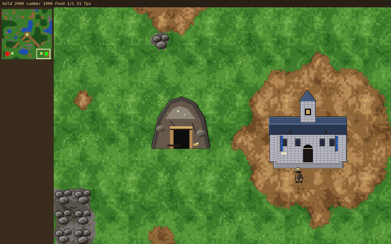 In-game Tides of Conquest scene on a grass map: a rocky gold mine with a timber doorway, a stone town hall with a blue roof and bell tower, a single worker in a straw hat walking out front, boulders at the lower left, a minimap in the top corner, and resource counters for gold, lumber and food along the top