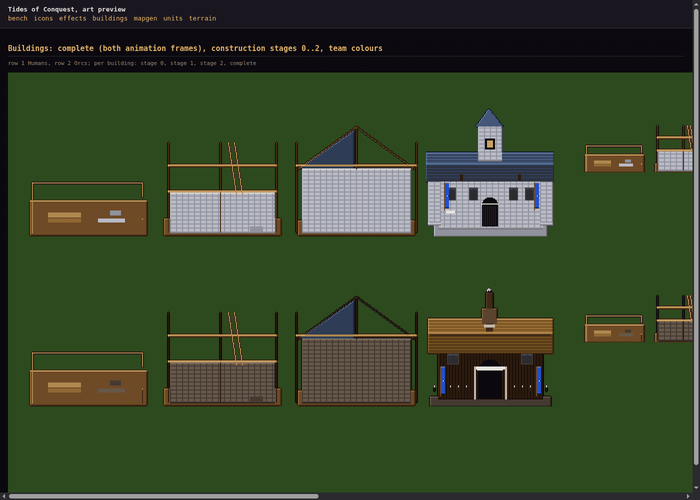Tides of Conquest building preview sheet with two rows, human buildings with blue slate roofs on top and orc buildings with thatched roofs below, each shown at three construction stages from bare foundation to wooden frame before the finished town hall