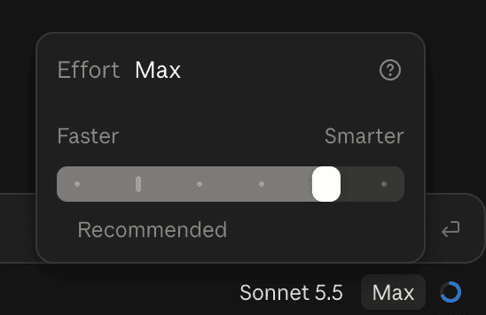The Effort popover in Claude Code on the web showing Effort Max with a Faster-to-Smarter slider set near the Smarter end, Recommended label below the slider, and the composer showing Sonnet 5.5 and Max in the bottom right