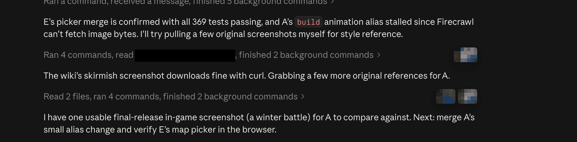 Claude Code transcript where the main agent says it will pull a few original screenshots itself for style reference, followed by small pixelated thumbnails of downloaded battle screenshots and a note that it now has one usable in-game shot of a winter battle to compare the art against