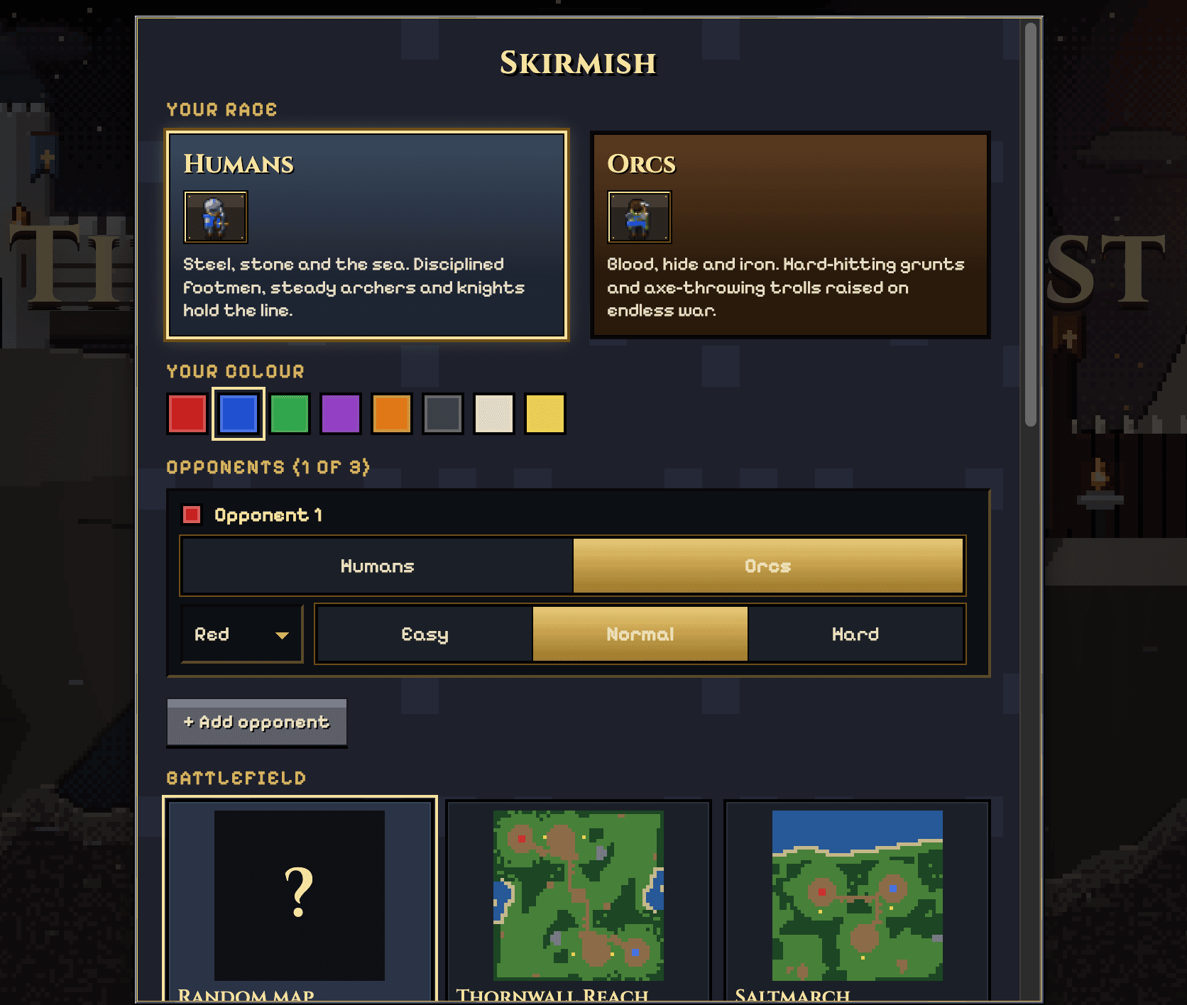Skirmish setup screen with the Humans race card selected next to Orcs, eight colour swatches, one orc opponent set to Normal difficulty with an Add opponent button, and battlefield thumbnails starting with a random map