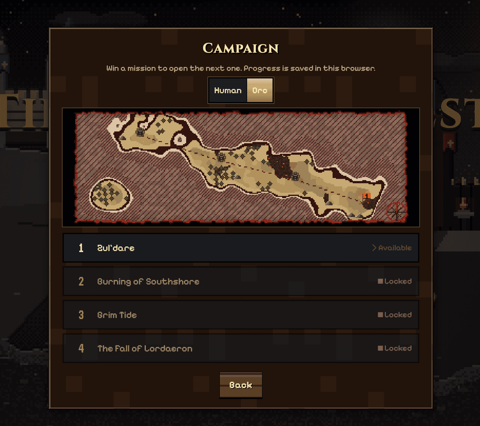 Campaign screen on the orc side with a parchment map and a red dashed route, above a list of four missions where the first is available and the rest, including mission three, Grim Tide, are locked