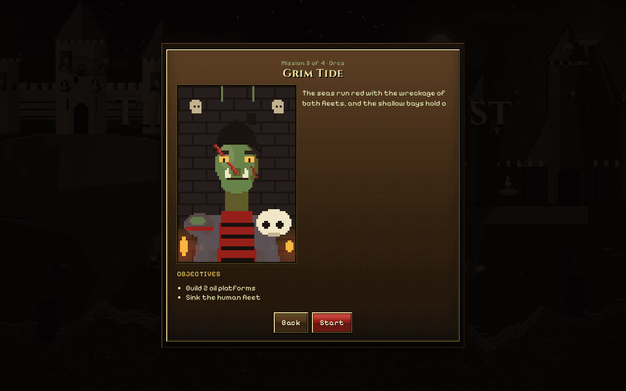 Mission briefing for Grim Tide, mission 3 of 4 for the orcs, with a pixel-art orc portrait in front of a brick wall decorated with skulls, and two objectives: build 2 oil platforms and sink the human fleet