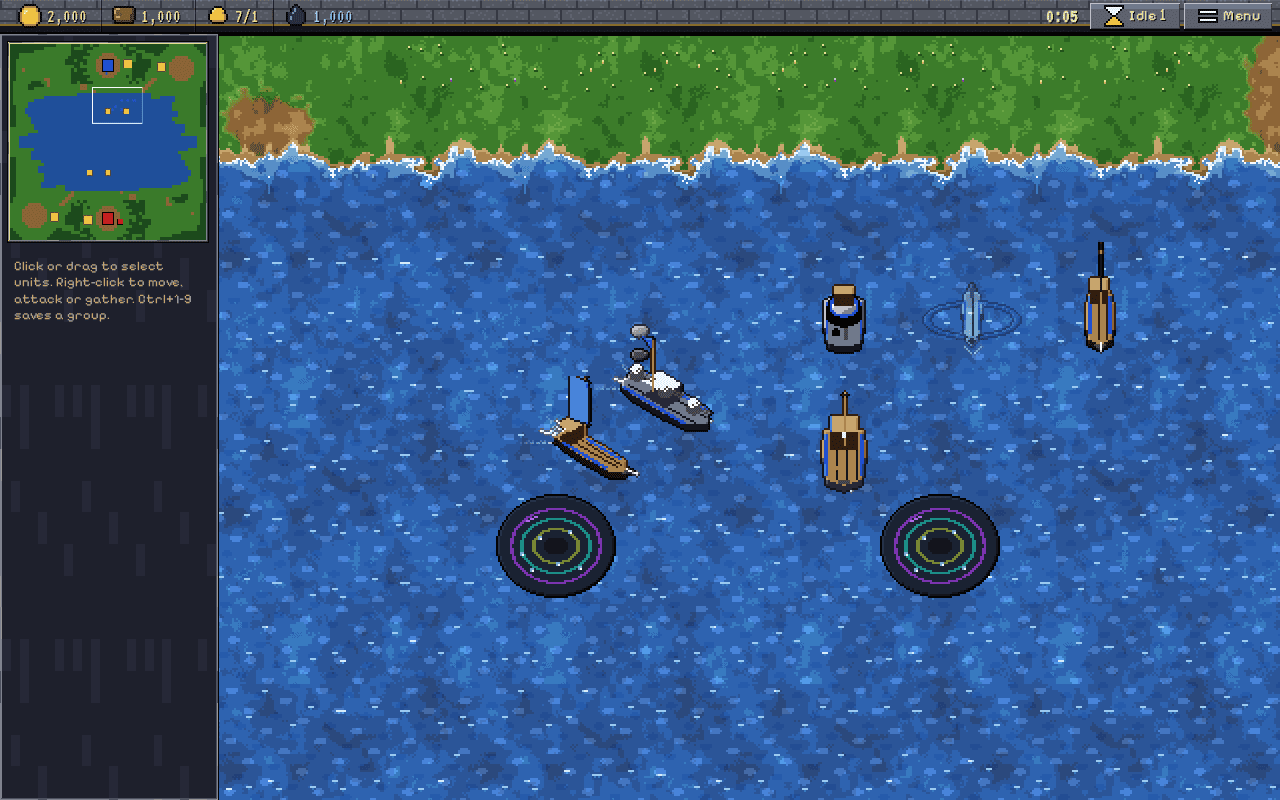 Naval combat in Tides of Conquest: several pixel-art ships on open blue water below a grassy coastline, two round oil spots in the sea, a minimap in the top corner, and an oil counter in the resource bar