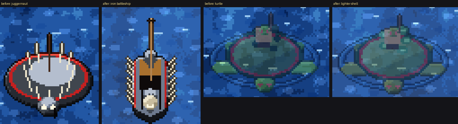 Before-and-after sprite sheet of two warships on blue water: the first, a round spiked vessel, redrawn as a long armoured ship with rows of oars, and the second, a squat domed vessel, redrawn in lighter, cleaner colours