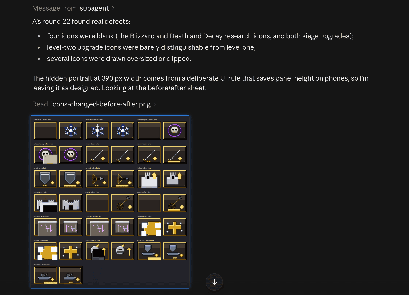 The main agent's summary of the art worker's review round 22, listing the defects it found, including four blank icons and level-two upgrade icons that looked almost the same as level one, followed by the main agent keeping one flagged item as a deliberate phone-layout choice and a before-and-after sheet of spell, research and upgrade icons, the blank ones now filled in