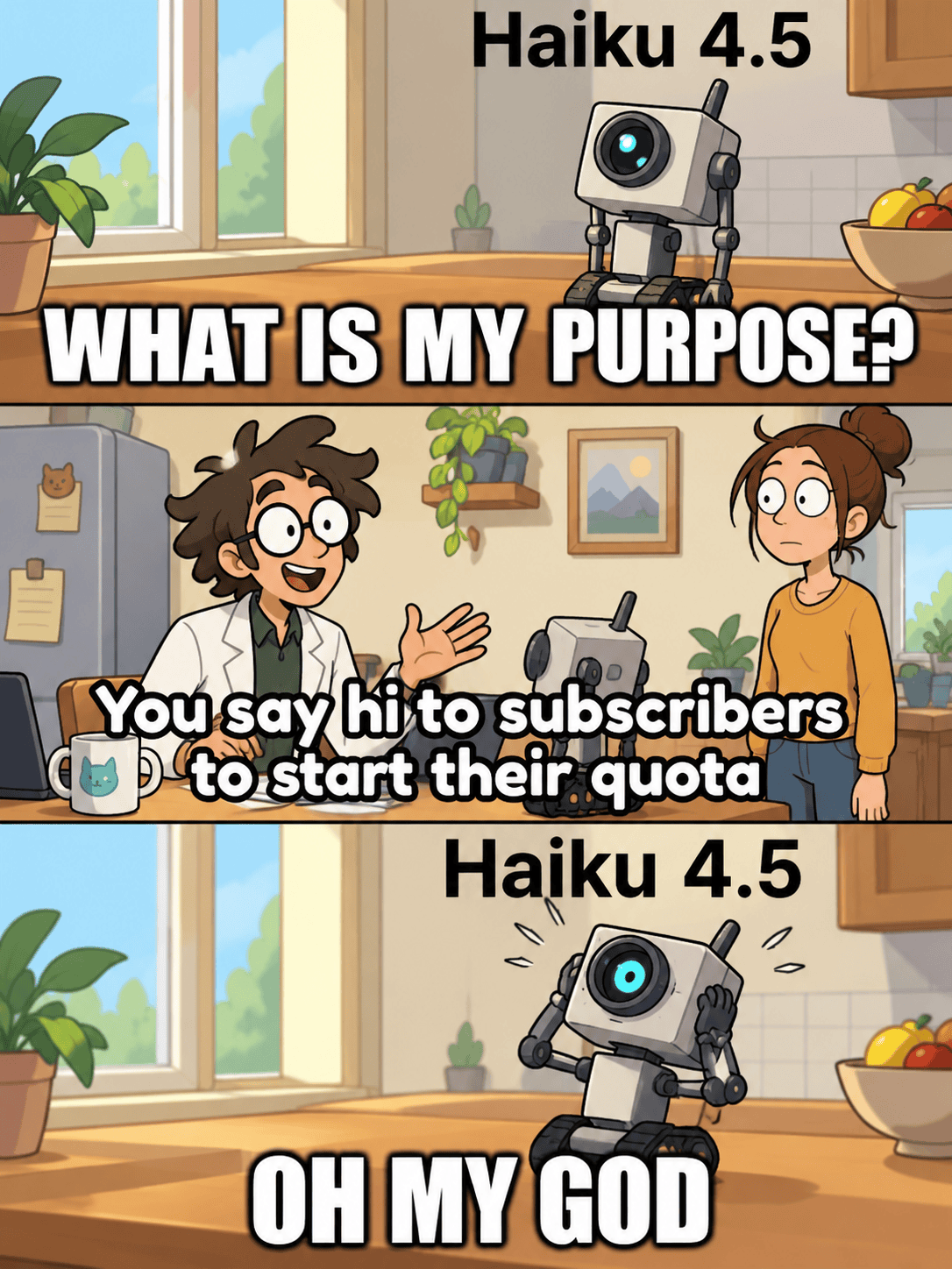 Three-panel meme in a cosy kitchen: a small boxy robot labelled Haiku 4.5 asks What is my purpose?, a cheerful scientist in glasses replies You say hi to subscribers to start their quota, and the robot clutches its head saying Oh my god