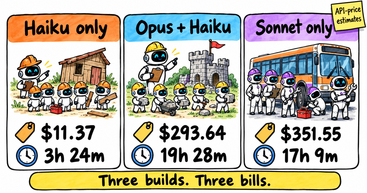 Whiteboard drawing of three builds as cards. Haiku only shows a robot foreman in an orange hard hat with five workers beside a rickety shed, tagged $11.37 and 3h 24m. Opus + Haiku shows a foreman with a clipboard and five workers hauling stone for a castle tower, tagged $293.64 and 19h 28m. Sonnet only shows a crew in purple hard hats with tools in front of a city bus, tagged $351.55 and 17h 9m. A sticky note in the corner reads API-price estimates, and the banner says Three builds. Three bills.
