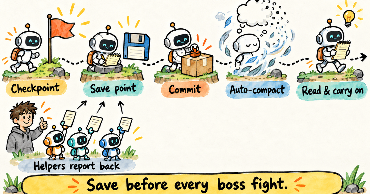 Whiteboard-style diagram showing the save point flow left to right: a robot reaches a Checkpoint flag, writes a Save point on a notepad beside a floppy disk, presses Commit into a box, then context scatters during Auto-compact, and finally the robot reads the notepad under a lightbulb at Read and carry on — below, three small helper robots hand reports up to a developer giving a thumbs-up, labeled Helpers report back, with the banner Save before every boss fight at the bottom