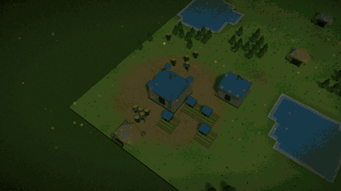 Emberwood Wars trailer: an opening title card reading Emberwood Wars, Real-Time Strategy over a 3D village on bright green grass, then four chapter cards in turn, I Gather with villagers working near blue-roofed houses, II Forge with the town growing beside two blue lakes, III Command with soldiers gathering by a red-roofed enemy base, and IV Conquer with an army marching on the red town hall, ending on the title card Emberwood Wars, Forge. Command. Conquer.