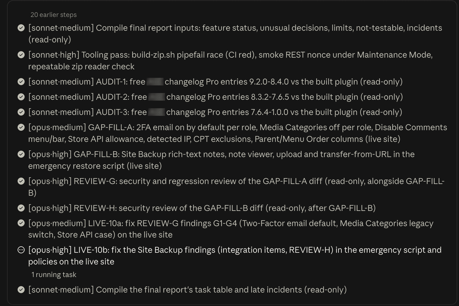 A dark Claude Code task list caught part-way through a run, with 20 earlier steps collapsed at the top. Every visible row starts with a model and effort label in square brackets. From the top: a sonnet·medium row compiling final report inputs (read-only); a sonnet·high tooling pass that fixes a race in a build script and adds smoke checks; three sonnet·medium audit rows, each comparing a slice of a changelog against the built plugin (read-only); an opus·medium row building a batch of missing features on the live test site; an opus·high row building backup notes, upload and restore features on the live site; an opus·high security and regression review of the first build (read-only, alongside the second build); an opus·high security review of the second build (read-only, after it); an opus·medium row fixing the first review's findings on the live site; an opus·high row fixing the backup findings, shown in progress with 1 running task beneath it; and a final sonnet·medium row compiling the final report's task table (read-only).